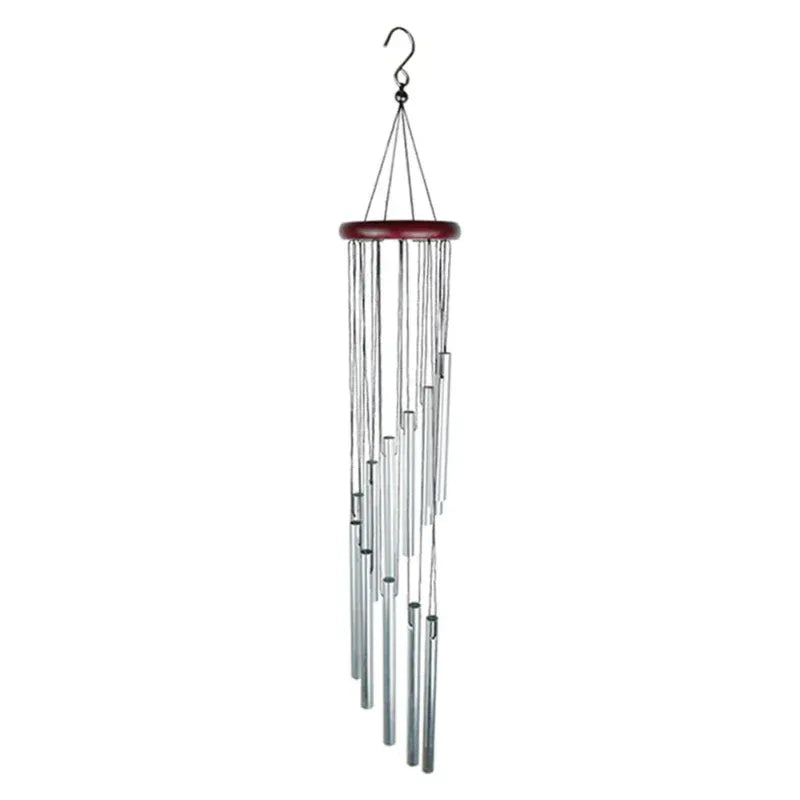 Silver wind chime with wooden top on a white background