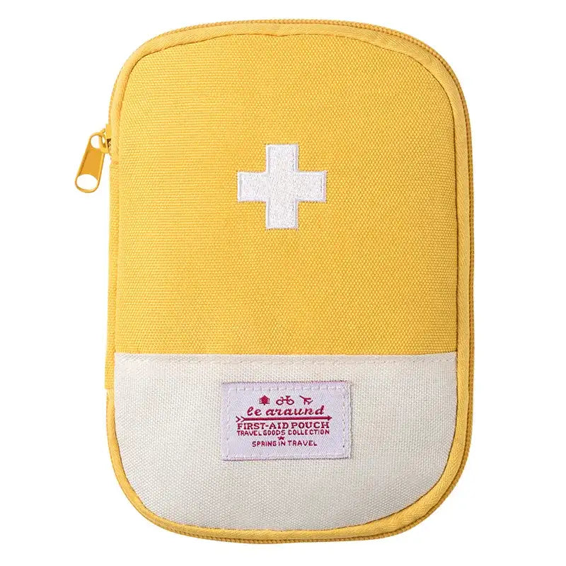 Yellow first aid kit with a white cross on a white background
