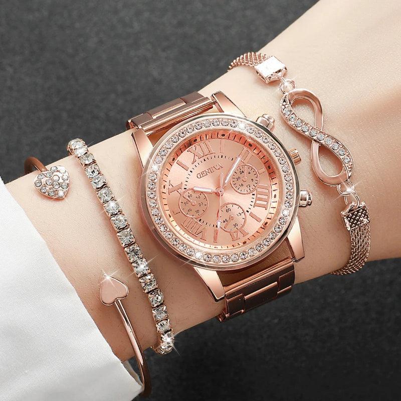 Rose gold watch and bracelet set on a wrist against a dark background