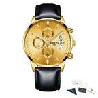 Gold wristwatch with black leather strap on a white background, featuring the NIBOSI brand.