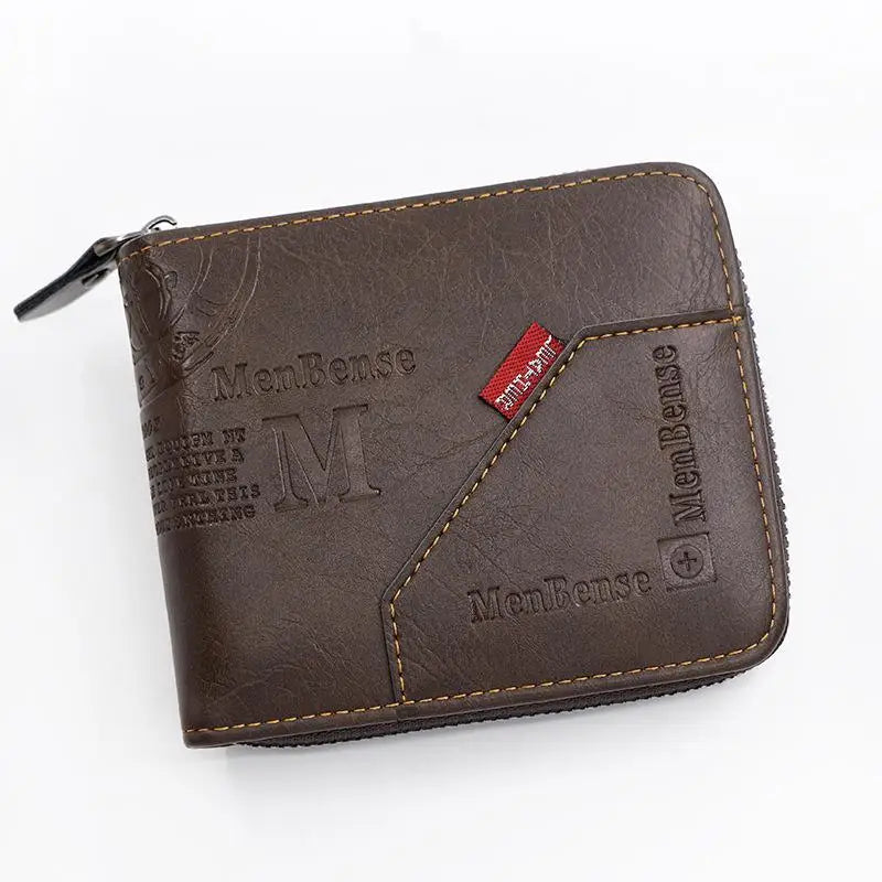 Brown leather wallet with 'MenBense' branding on a white background