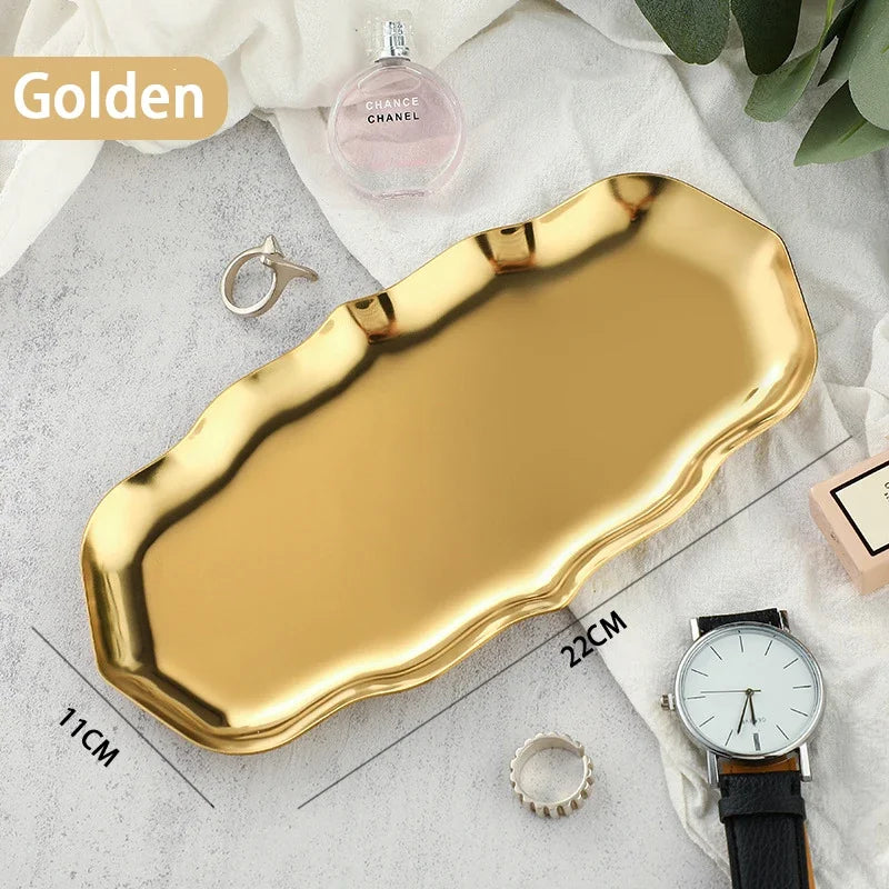 EMESA HOME Gold & Silver Stainless Steel Water Drop-Shaped Cosmetics, Jewelry & Dining Tray – Multi-Functional Home Storage Container Gold wavy