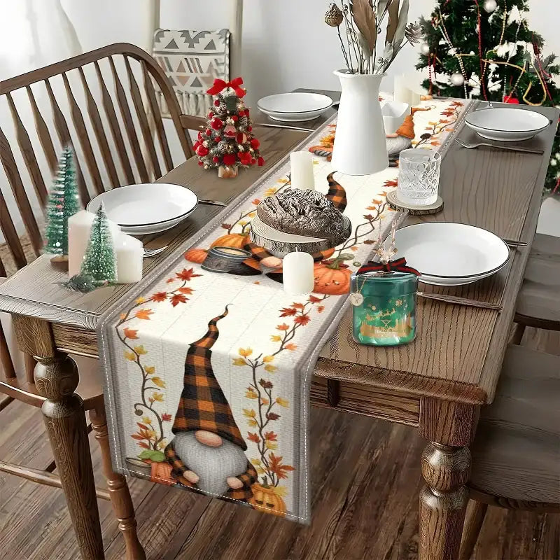EMESA HOME Autumn Plaid Hat Elves & Pumpkin Decorative Table Runner