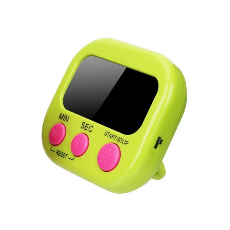 A lime green electronic timer with a black display screen and three pink buttons labeled MIN, SEC, and START/STOP. The words 'Green' and 'JJYY' appear in the top corners on a white background.