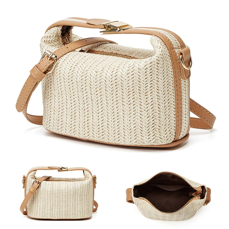 Woven handbag with beige leather accents on a white background