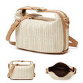Woven handbag with beige leather accents on a white background