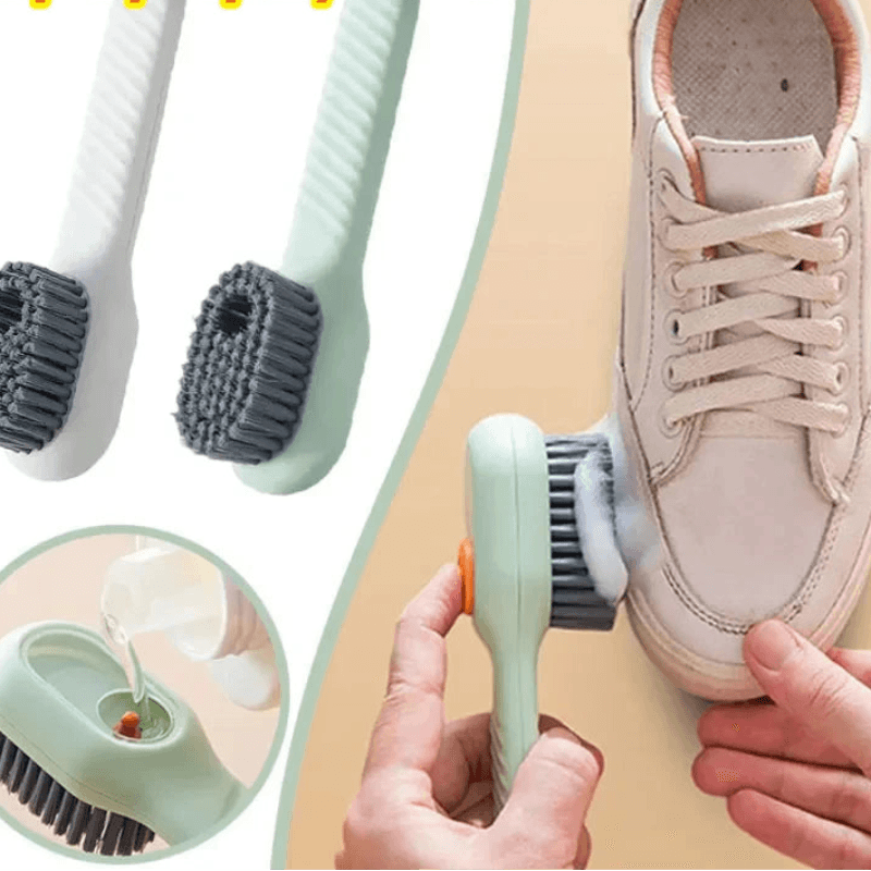 Cleaning brush with bristles being used on a white sneaker, with text indicating quantity.