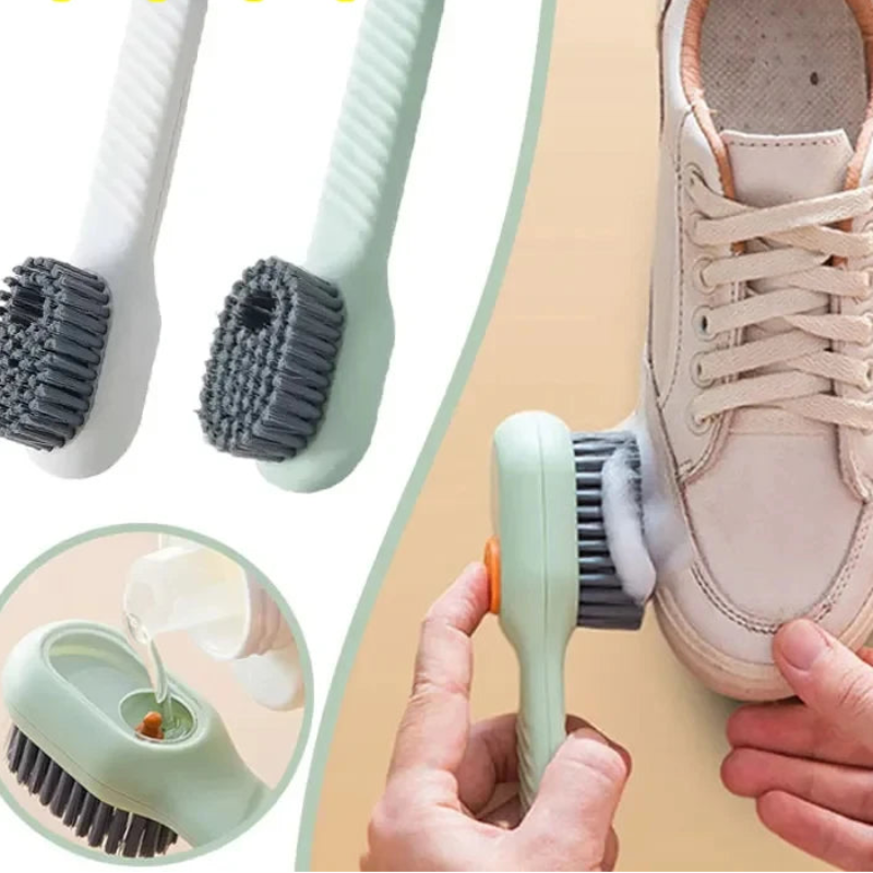 Cleaning brush with bristles being used on a white sneaker, with text indicating quantity.