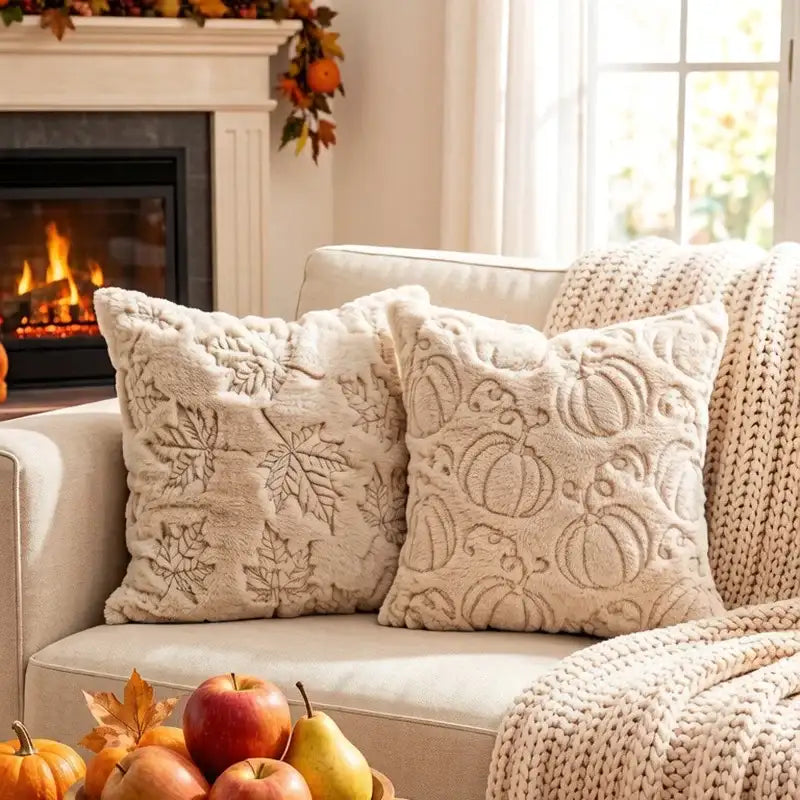 Two cream textured throw pillows with embroidered autumn motifs, styled on a beige sofa with a chunky knit blanket, a fireplace in the background, and fall decor in the foreground.