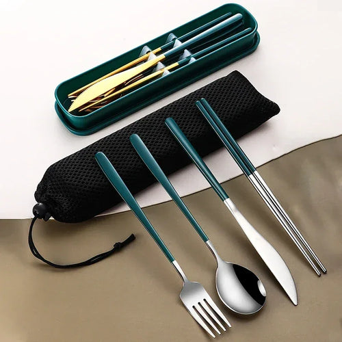 Set of travel cutlery with teal handles on a beige surface