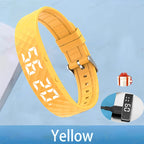 Yellow dog collar with digital display on a blue background