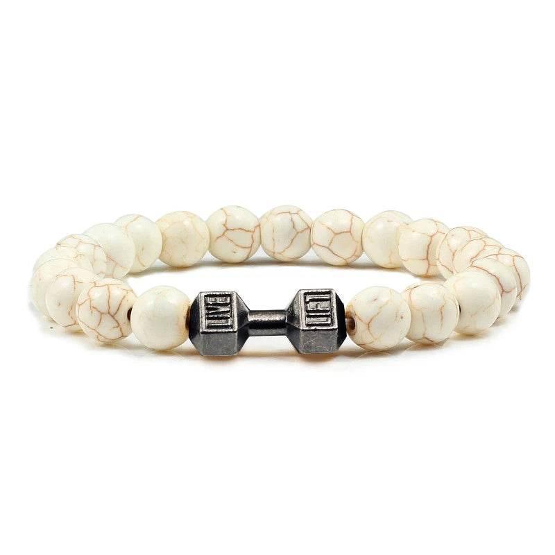 EMESA HOME Volcanic Stone Bead Bracelet – Matte Black Lava & White Dumbbell Charm Fitness Jewelry for Men & Women - EMESA HOME™