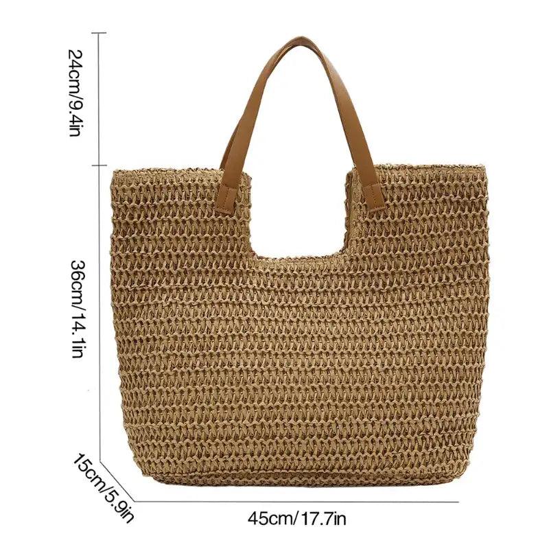 Woven bag with brown handles and dimensions on a white background
