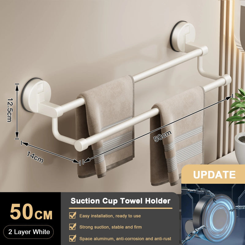 Suction cup towel holder with dimensions and features on a beige wall background