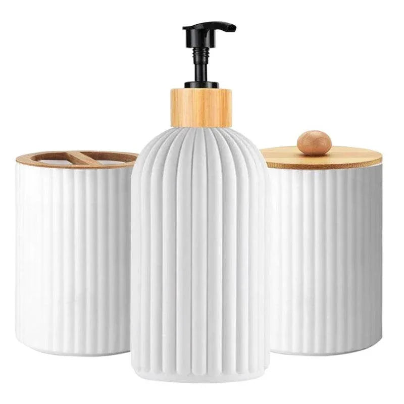 EMESA HOME Bathroom Countertop Organizer – Soap Dispenser, Cotton Ball Box, Toothbrush Holder & Decorative Storage - EMESA HOME™
