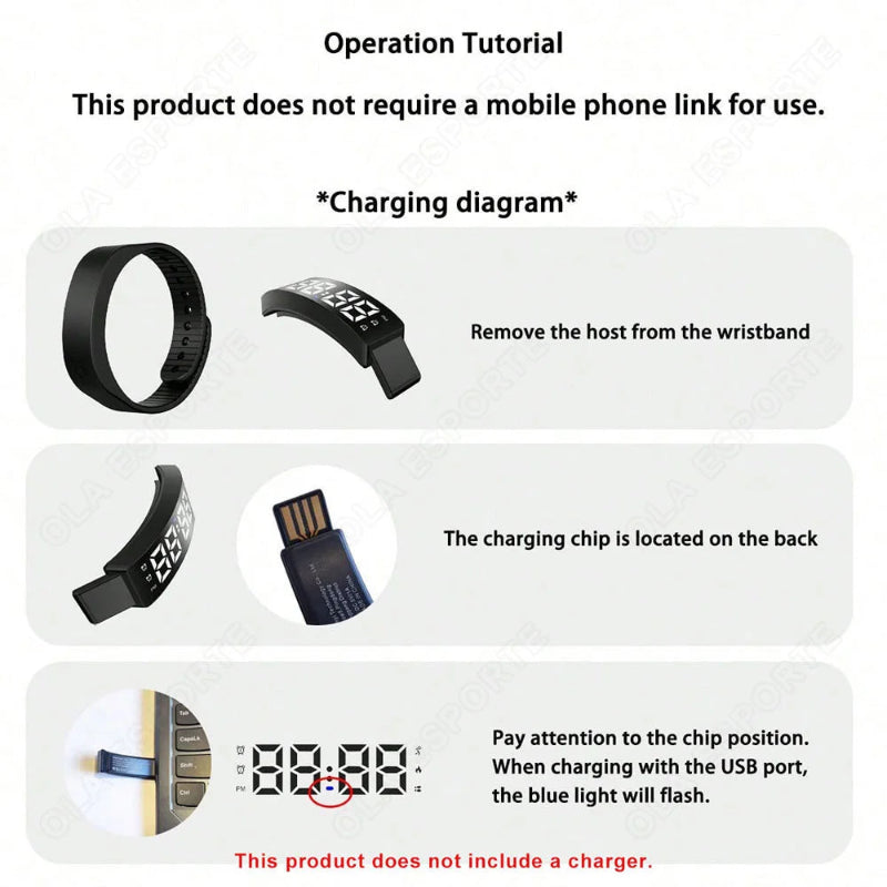 Operation tutorial for a product without a mobile phone link, showing charging diagram and steps.