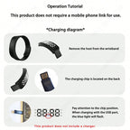 Operation tutorial for a product without a mobile phone link, showing charging diagram and steps.