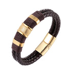 Brown braided leather bracelet with gold accents on a white background