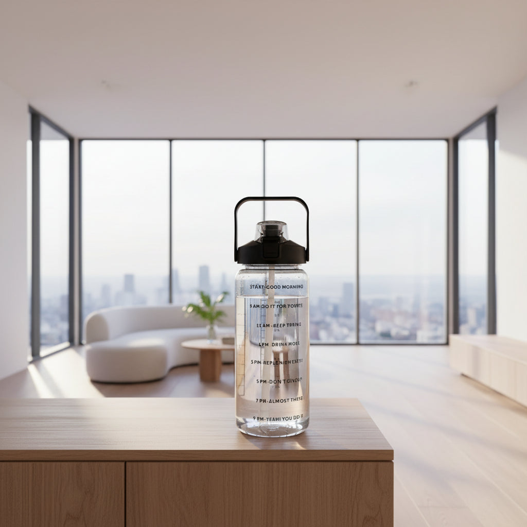 Clear water bottle with black lid on a wooden table in a cafe setting