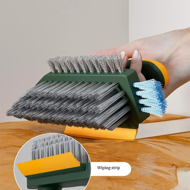Cleaning brush with bristle and scrubbing pad on a wooden surface, with close-up of bristle detail.