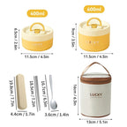 Dimensions and features of 'Lucky' lunch boxes and accessories on a white background