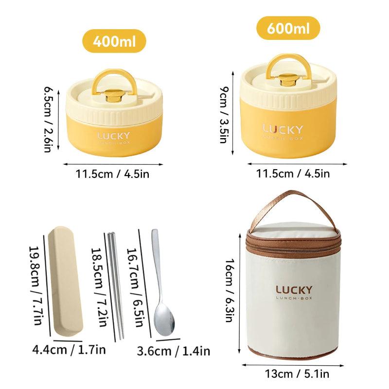 Dimensions and features of 'Lucky' lunch boxes and accessories on a white background