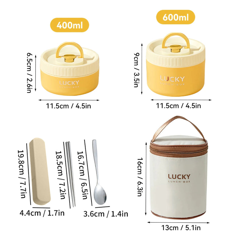 Dimensions and features of 'Lucky' lunch boxes and accessories on a white background