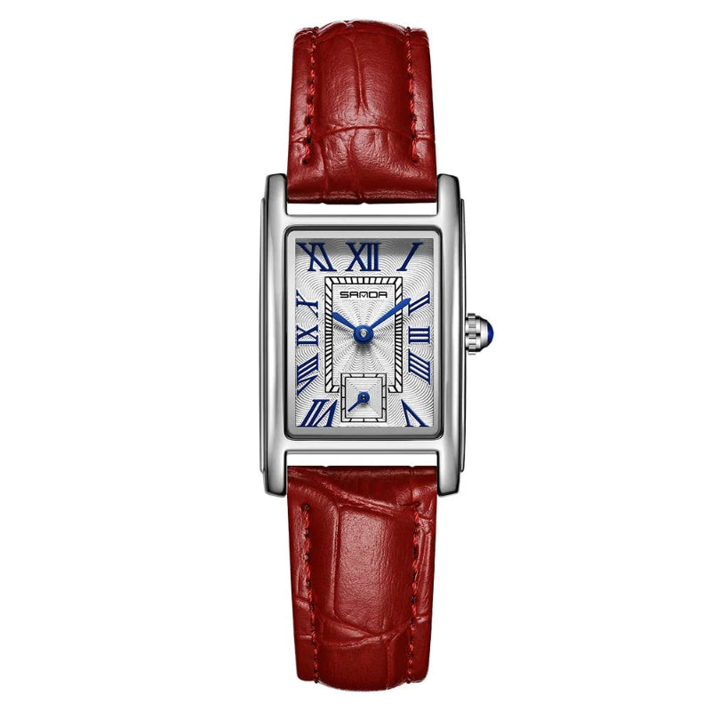 Watch with red leather strap and silver case on a white background, featuring the brand 'SANDA'.
