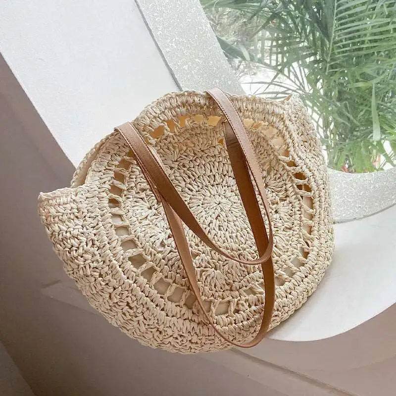 EMESA HOME Summer Round Straw Bags for Women Handmade Woven Rattan Shoulder Bag, Large Capacity Beach Handbag, Travel Tote Bag Beige Hollow 43x2x38cm