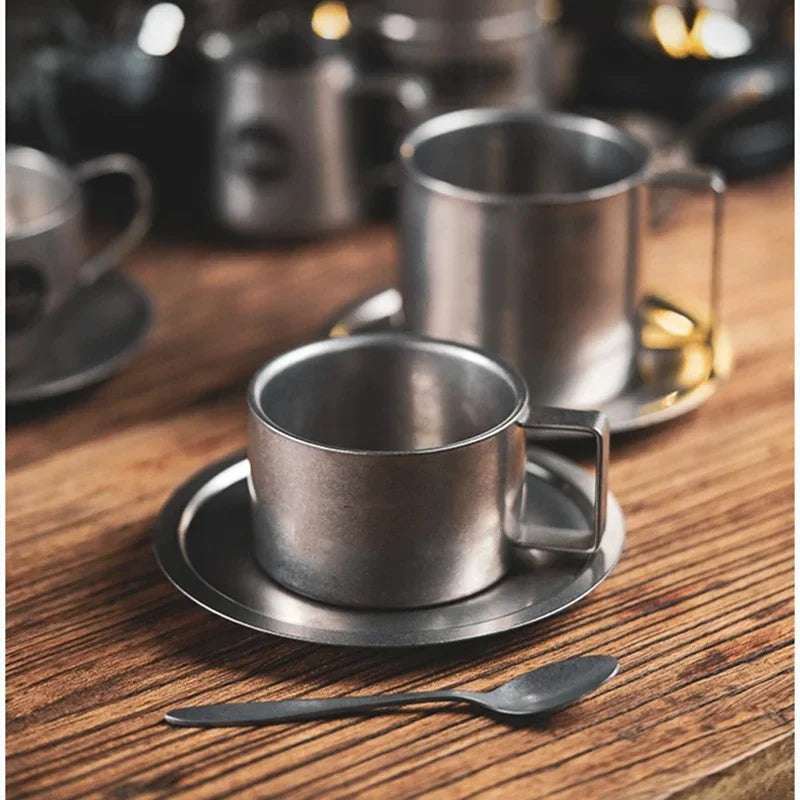 EMESA HOME Retro Coffee Cup Set, Double Wall 304 Stainless Steel with Spoon & Saucer, Frosted Industrial Style Tea Cup