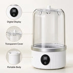 A portable electric kettle or steamer with a clear transparent dome cover, white ribbed base, and digital display, shown on a light beige background with three callout circles labeled Digital Display, Transparent Cover, and Portable Body.
