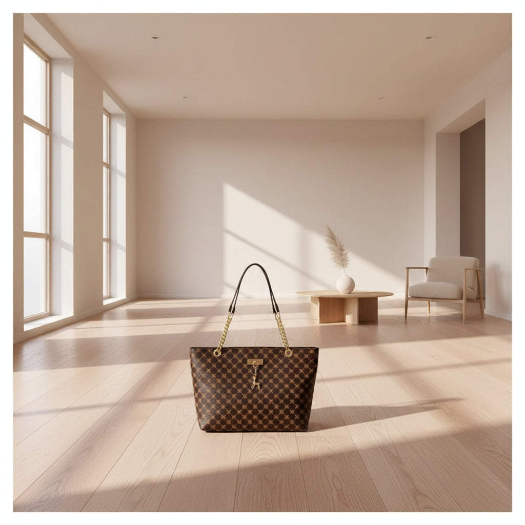 Patterned handbag with gold chain strap hanging on a white door handle.