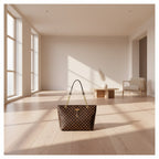 Patterned handbag with gold chain strap hanging on a white door handle.