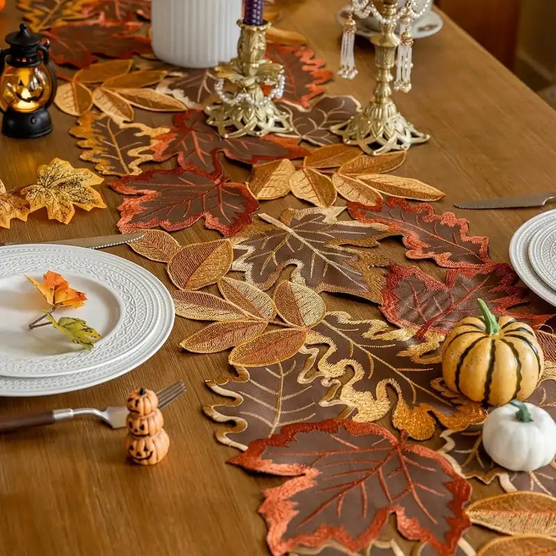 EMESA HOME Autumn Maple Leaves & Harvest Pumpkin Linen Table Runner