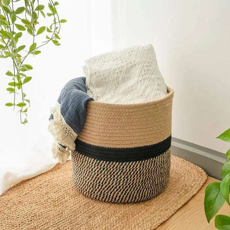 EMESA HOME-Nordic Cotton Rope Woven Storage Basket - Home Sundries, Toys, Portable Dirty Clothes Basket, Living Room Storage