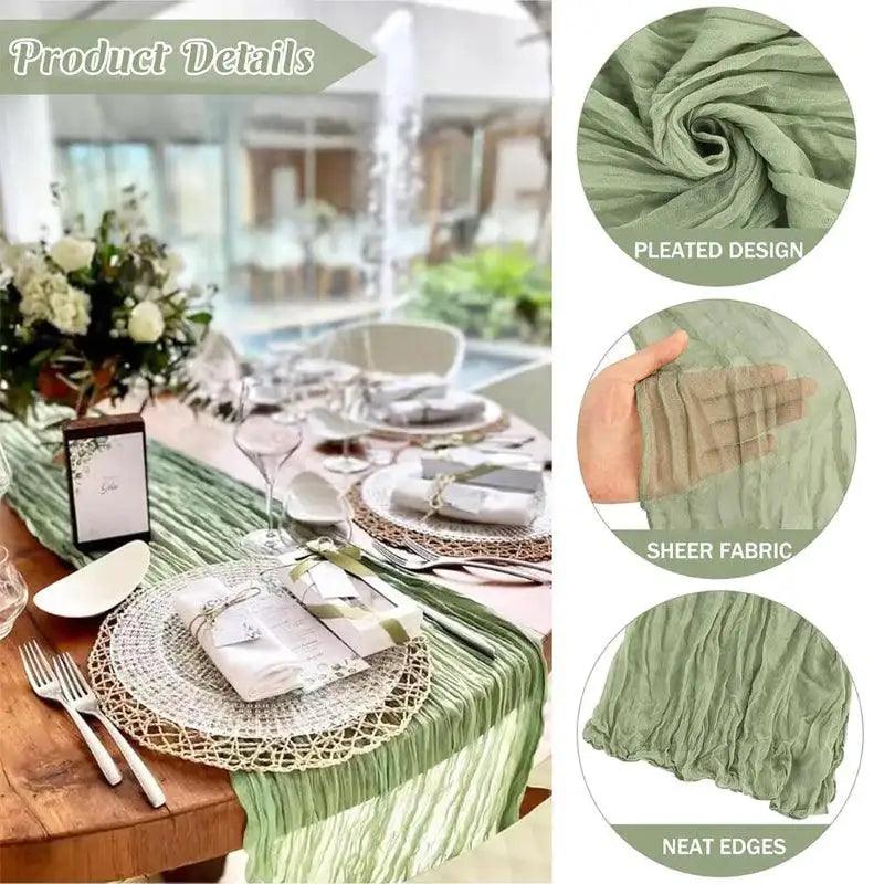 Green table runner with pleated design on a set dining table, showing fabric texture and product details.