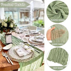 Green table runner with pleated design on a set dining table, showing fabric texture and product details.