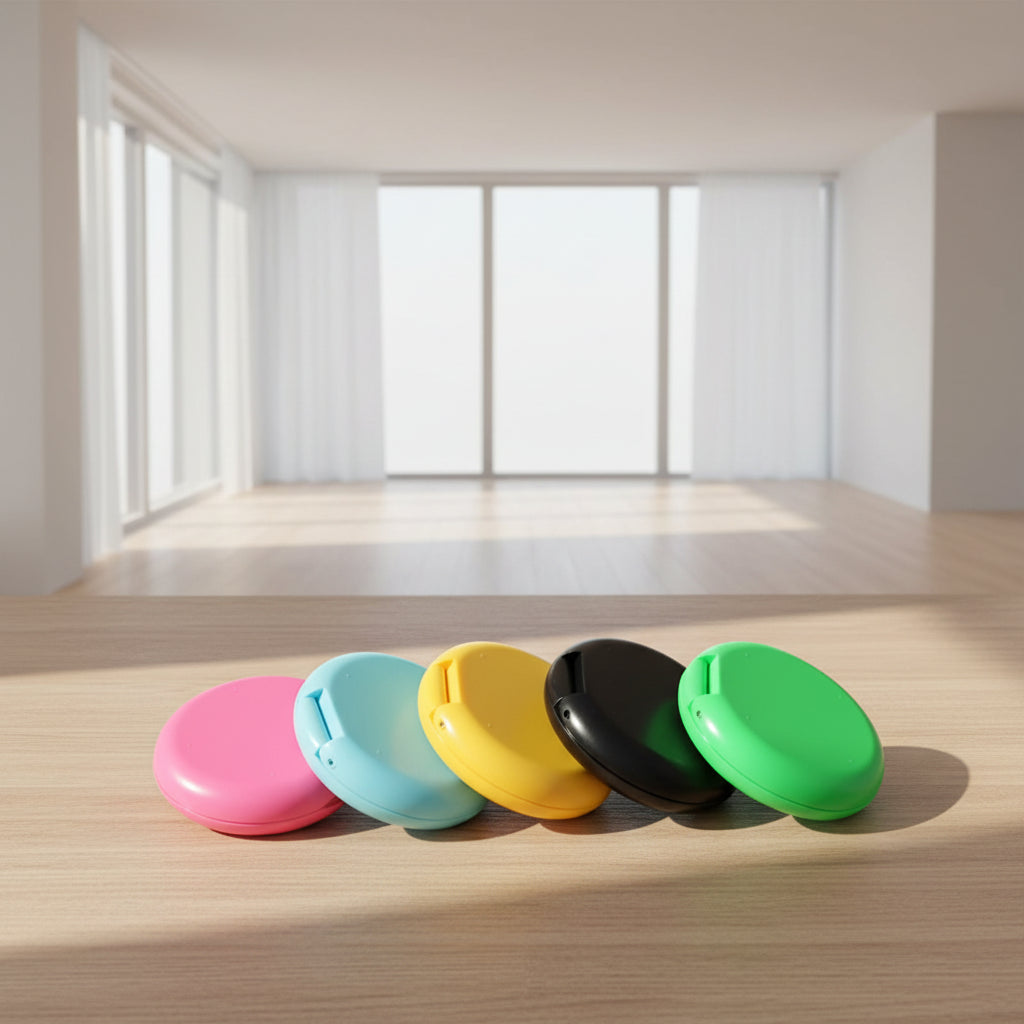 Five colorful circular objects on a white background