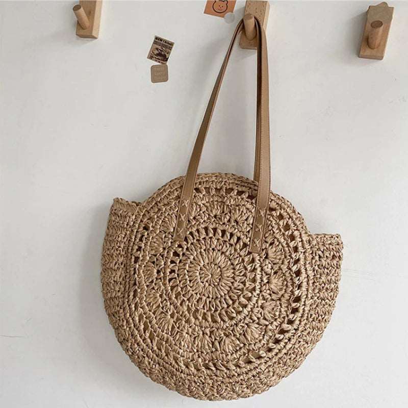 EMESA HOME Summer Round Straw Women Vacation Woven Beach Shoulder Bag Large Capacity Hollow Out Simple Tote Bag