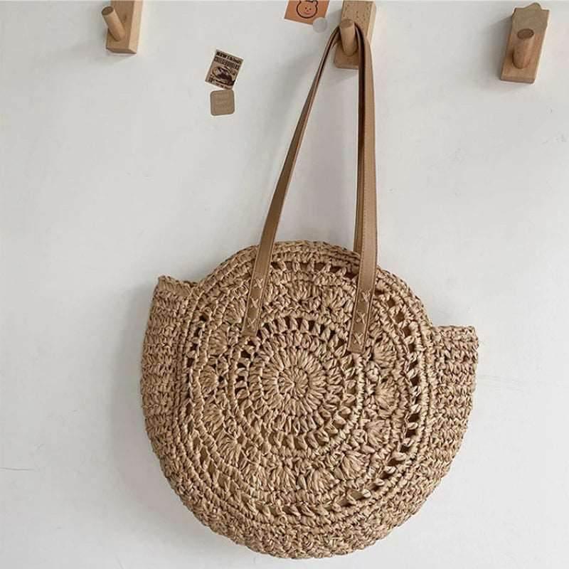 EMESA HOME Summer Round Straw Women Vacation Woven Beach Shoulder Bag Large Capacity Hollow Out Simple Tote Bag - EMESA HOME™