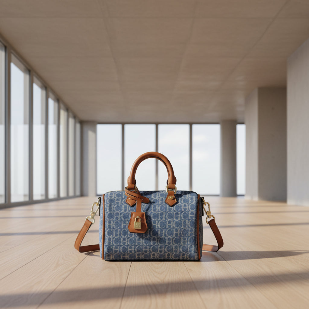 Blue handbag with brown handles and strap on a white background