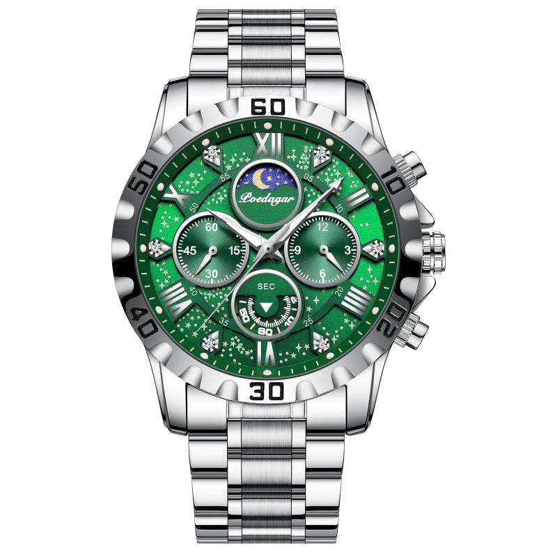EMESA HOME Luxury Men’s Quartz Watch – Waterproof Stainless Steel Chronograph Sports Wristwatch with Luminous Display 973 Silver Green