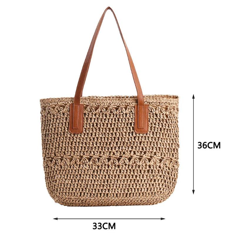 Woven handbag with brown leather straps and measurements on a white background