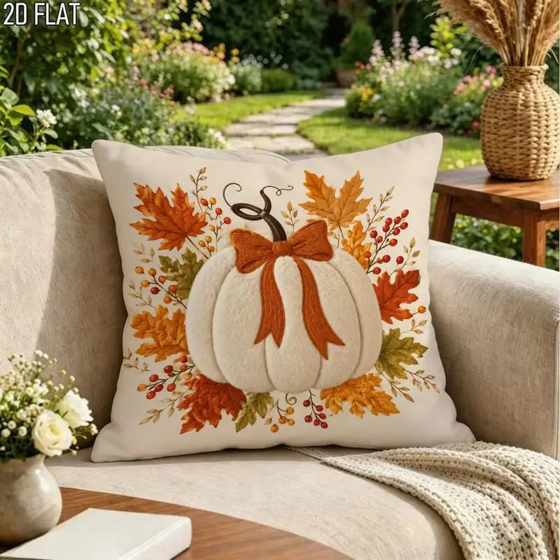 An autumn-themed decorative throw pillow displayed on a beige sofa in a garden patio setting. The pillow features a 3D-effect white pumpkin with a brown stem and bow, surrounded by embroidered orange, yellow, and red maple leaves and berries.