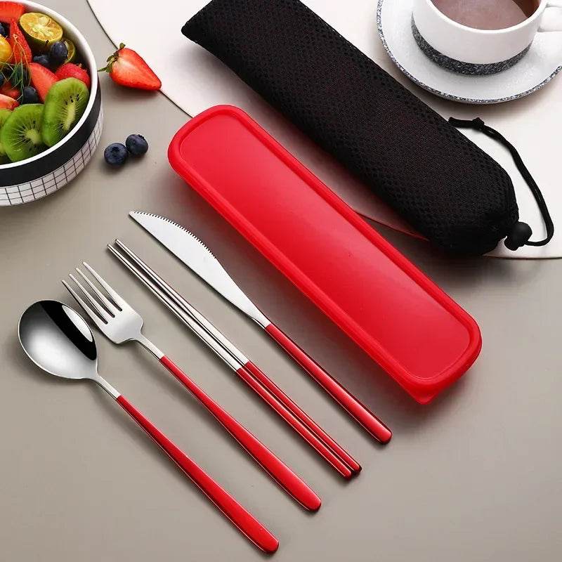 EMESA HOME Portable Stainless Steel Cutlery Set – Knife, Fork, Spoon, Chopsticks with Case, 4-Piece Travel Flatware Gift Set Silver red