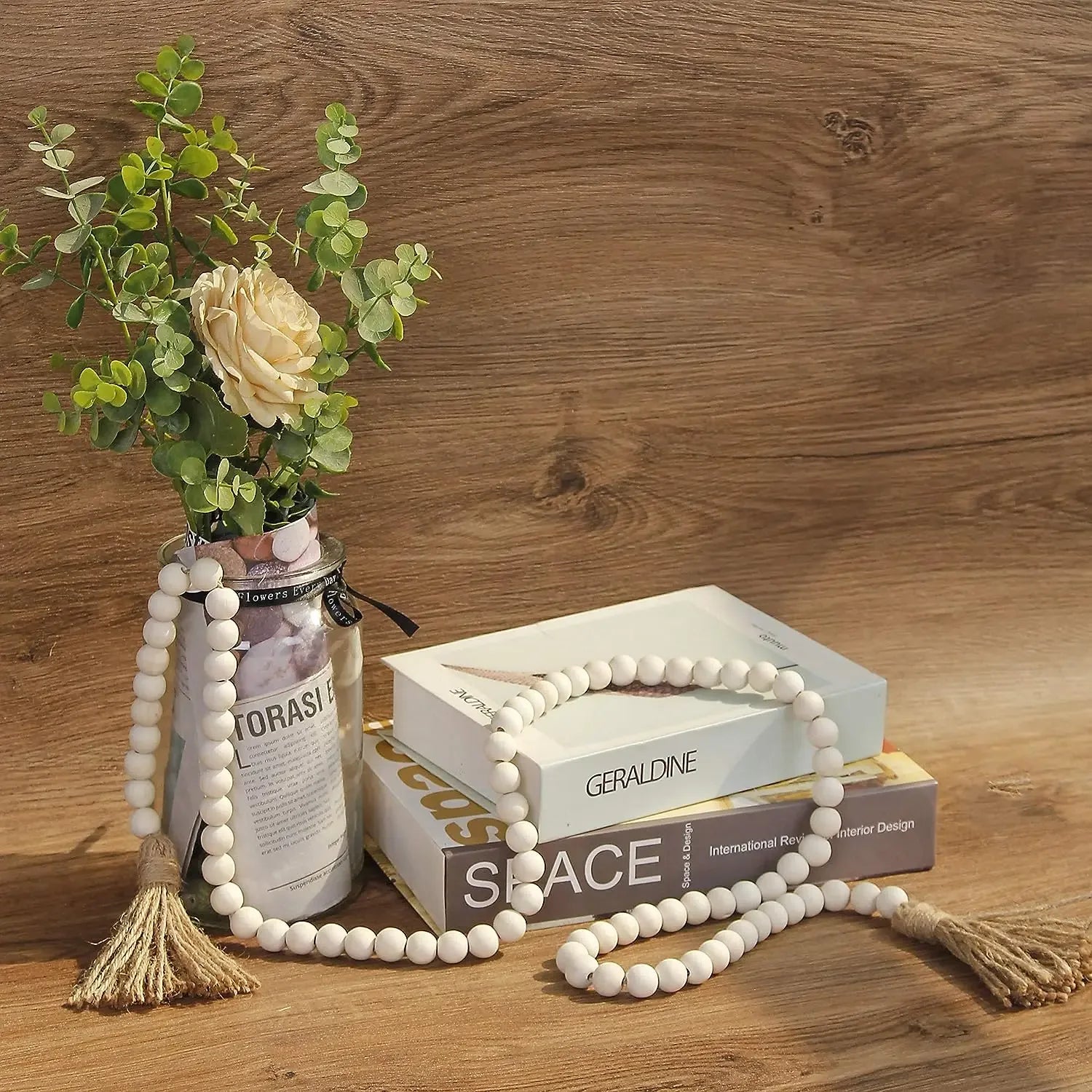 EMESA HOME Rustic Wood Bead Garland with Tassels – Farmhouse Boho Wall Hanging Decor - EMESA HOME™