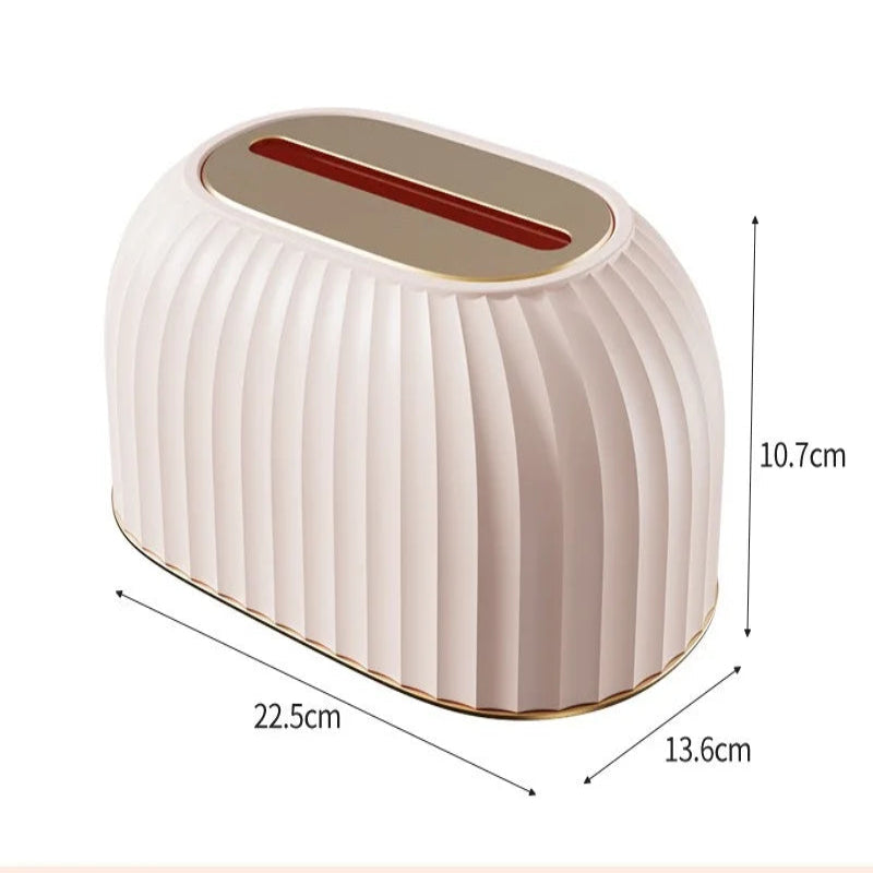 Rectangular tissue box with ribbed design and dimensions on a white background