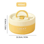 Yellow lunch box with dimensions and capacity label on a white background
