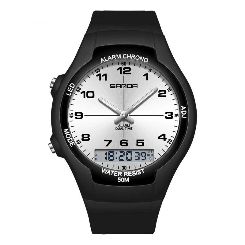 Black sanda watch with digital and analog display on a white background