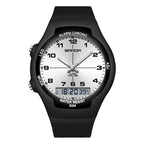 Black sanda watch with digital and analog display on a white background